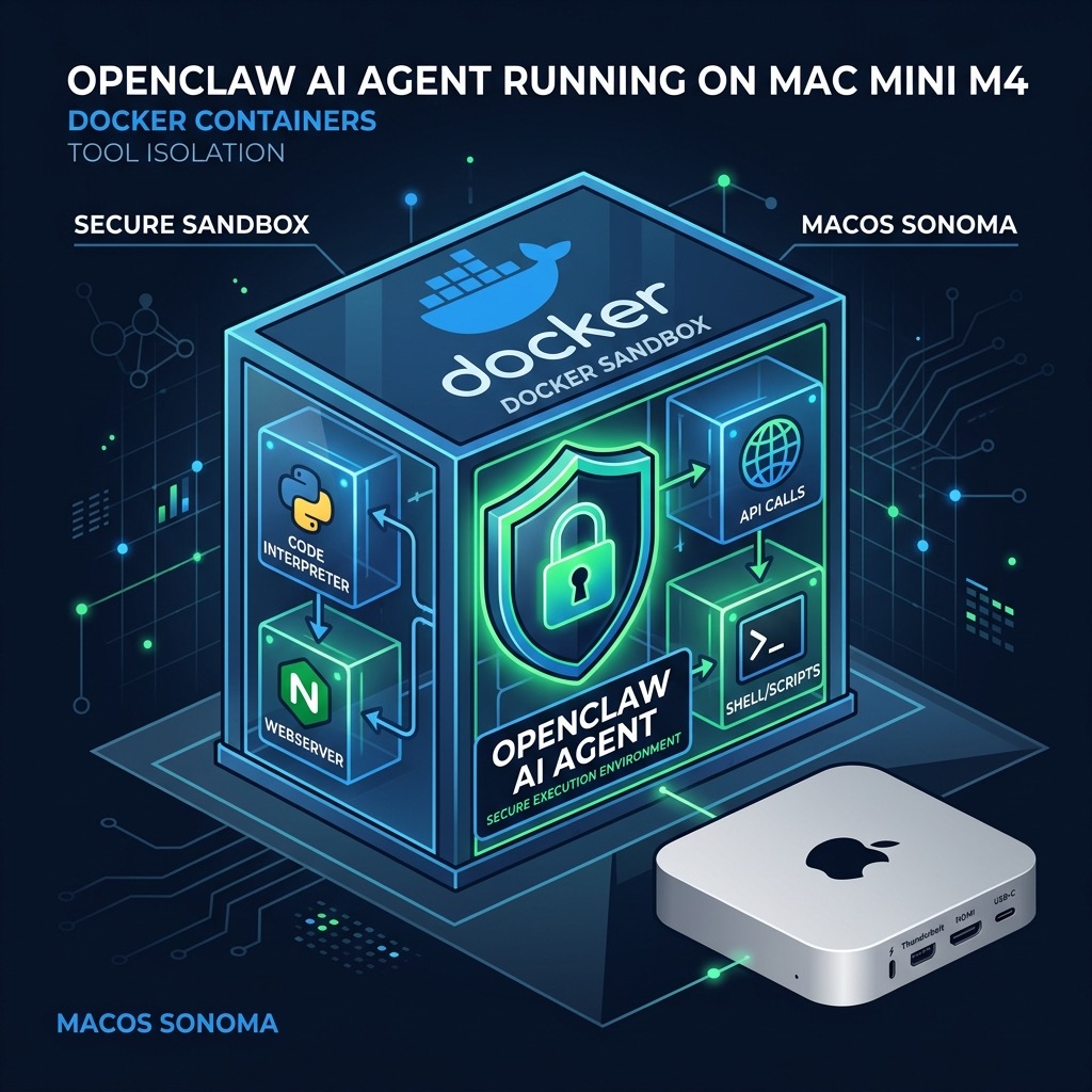 OpenClaw AI 代理在 Mac Mini M4 上运行 Docker Sandbox 子容器隔离架构示意图