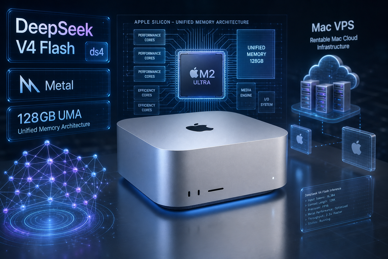 ds4 추론 엔진이 Apple Silicon Mac 과 Mac VPS 위에서 DeepSeek V4 Flash 를 로컬로 실행하는 일러스트, 128GB 통합 메모리 아키텍처와 임대 가능한 Mac 클라우드 노드를 표현